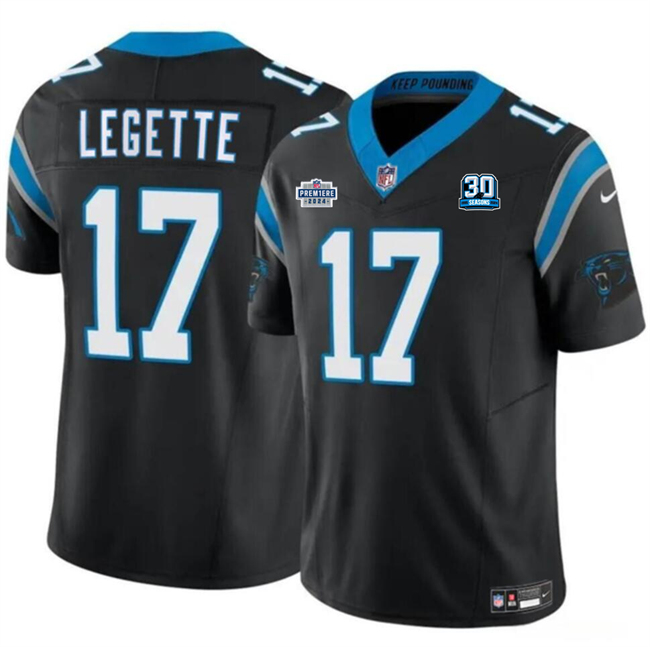 Men's Carolina Panthers #17 Xavier Legette Black 2024 With Dradt Patch And 30th Anniversary Patch F.U.S.E. Vapor Limited Football Stitched Jersey